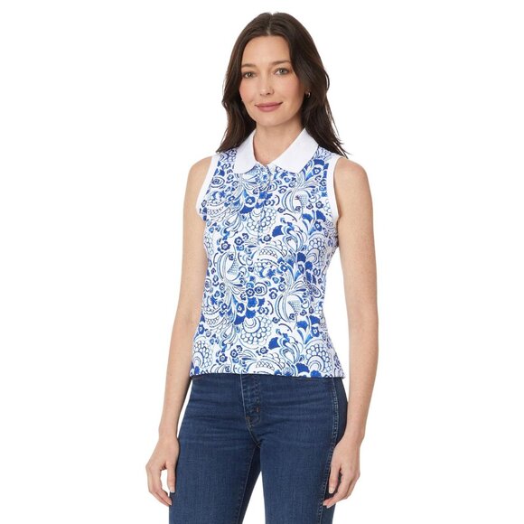 NWT Tommy Hilfiger Sleeveless Fountain Floral Polo Shirt Provence Multi Blue L - Picture 1 of 8
